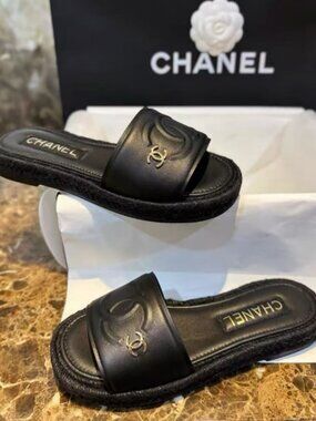 Chanel Black CC Espadrille Slides